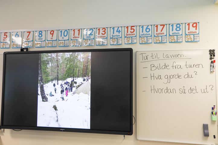 En digital tavle med bilde fra felles turopplevelse, og kriterier for oppgaven skrevet på whiteboard. 