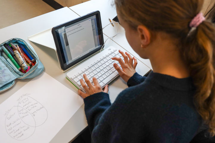 En elev som skriver på tastatur med et håndskrevet venndiagram ved siden av seg.