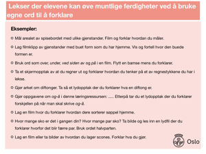 En liste over lekser der elevene kan øve muntlige ferdigheter ved å bruke egne ord til å forklare
